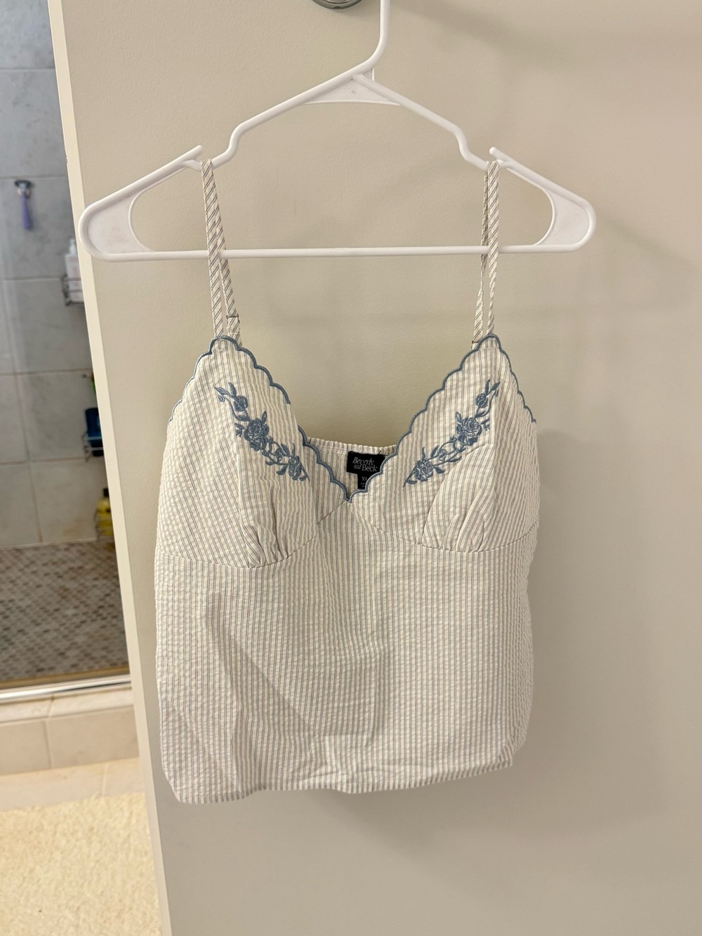 Embroidered Seersucker Cami Top - Blue/White